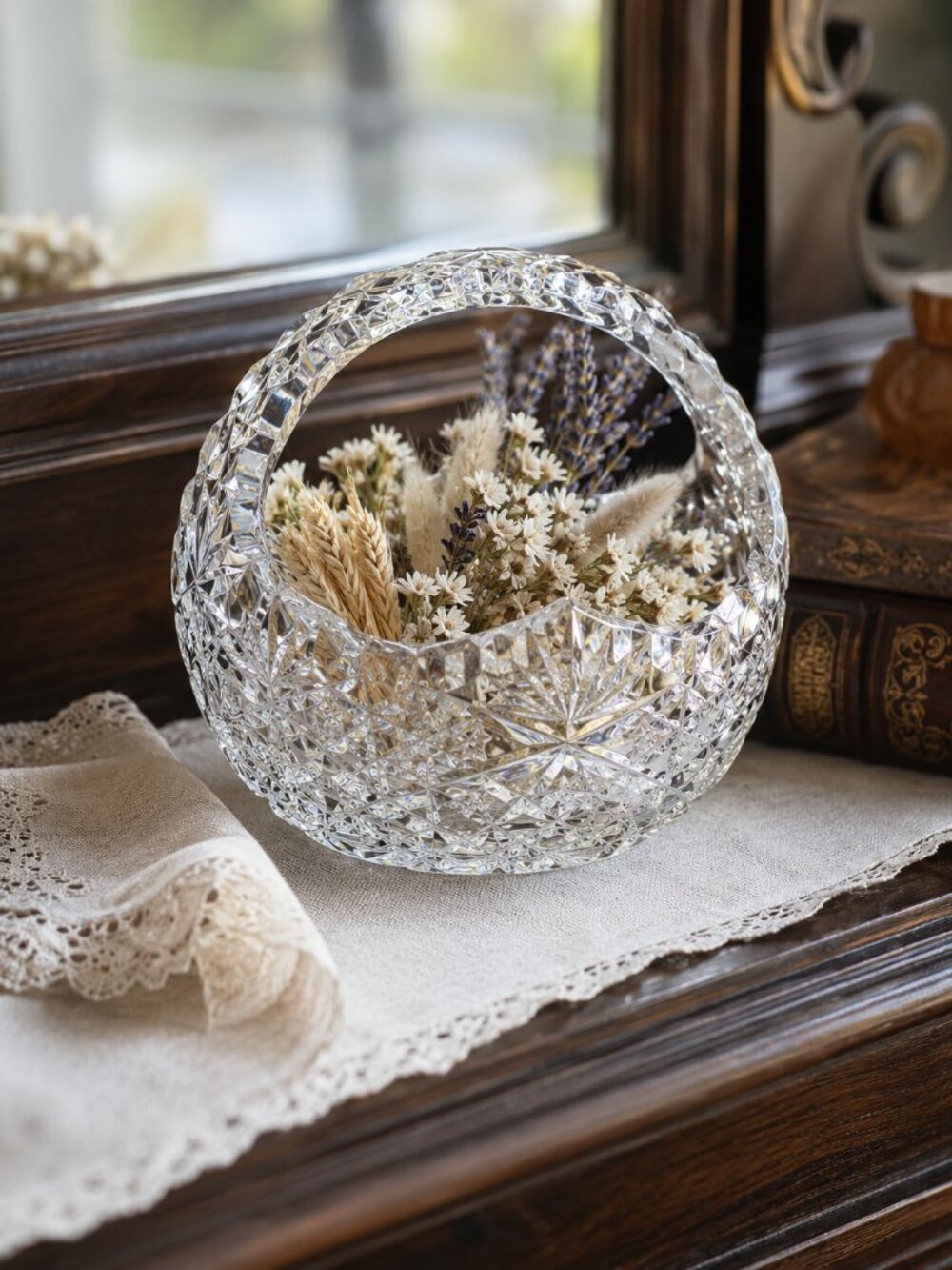 Vintage Cut Crystal Candy Basket With Handle Starburst Fan Pattern